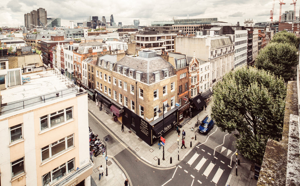 Drone shot of the corner of Hatton Garden, London on a cloudy day
